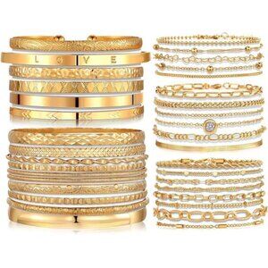 Elegant Gold-Plated Bangle and Chain Bracelet Set for Women – 35-Pieces